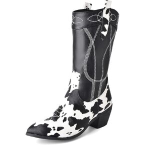 Cozivwaiy Cow Print Boots for Women Patchwork Cowboy Boots Animal Print Half Boots Pull on Chunky Mid Heel Cowgirl Boots