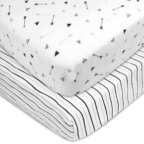TL Care 2 Pack Printed 100% Cotton Jersey Knit Fitted Crib Sheet for Standard Crib & Toddler Mattresses, Silver Black Arrow/Feather, for Boys & Girls