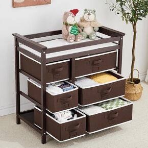 Wooden Diaper Changing Table, Modern Baby Changing Station Dresser with 6 Storage Drawers and Pad,Toddler Changing Diaper Table for Nursery Portable Changing Table for Baby Newborn Infant