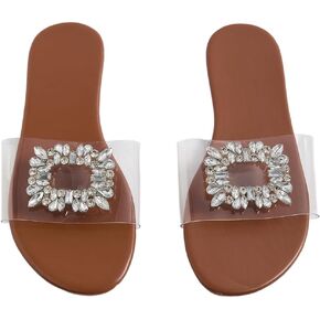 GORGLITTER Women's Clear Sandals Rhinestone Flat Dress Open Toe Slip On Slide Sandal