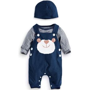Newborn Baby Boys Fall Winter Outfit 9-12 Months Infant Baby Clothes 3pcs Set Stripe Long Sleeved T-shirt Tops +Bear Dungarees Pants+Hat