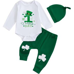My First St Patricks Day Baby Boy Girl Outfit Lucky Clover Print Long Sleeve Romper+Pants+Hat Set Infant Clothes