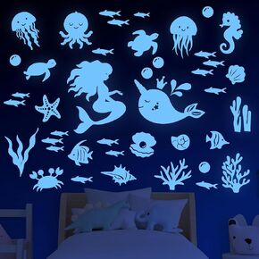 Glow in The Dark Mermaid Wall Decals Ocean Sea Fish Wall Stickers Glow in The Dark Wall Decals for Boys Girls Bedroom Wall Decoration