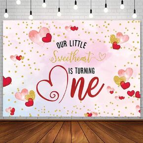 7x5ft Valentine Sweetheart 1st Birthday Backdrop for Girls Our Little Sweetheart is Turning One Photography Background Blush Pink Watercolor Gold Red Heart Sweet One Bday Party Decoration Prop