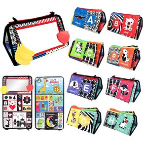 Molly & Nemo Tummy Time Baby Mirror Toys with Crinkle Cloth Book & Teether - Black and White High Contrast Baby Toys - Montessori Newborn Brain Development Sensory Toys for Babies