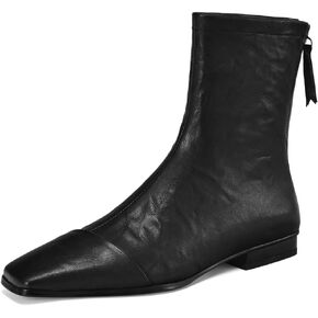TinaCus Women's Square Toe Genuine Leather Handmade Back Zipper Comfortable Flat Booties