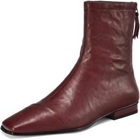 TinaCus Women's Square Toe Genuine Leather Handmade Back Zipper Comfortable Flat Booties
