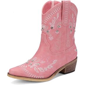 Rhinestone Ankle Cowboy Boots for Women Embroidered Short Cowgirl Boots With Chunky Low Heel Square Toe Comfortable Western Booties For Prom Party Wedding Pull On Shoes