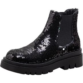 keleimusi Women's Sequins Chelsea Boots Low Heel Slip On Elastic Ankle Boots Round Toe Combat Booties