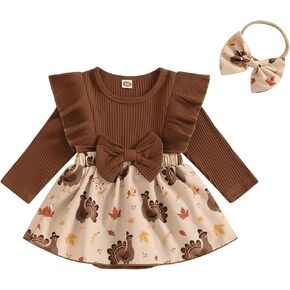 Baby Girl Thanksgiving Outfit Newborn Outfit Ribbed Ruffle Romper Dress and Headband Cute Fall Clothes