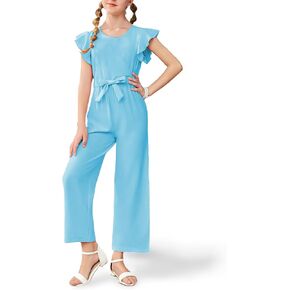 Girls Jumpsuit Summer Kids Casual Fashion Ruffle Cap Sleeve Belted Wide Leg Rompers One Piece Outfits