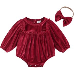 Baby Girls Valentine's Day Romper Solid Color Clothes Long Sleeve Velvet Infant Fall Winter Jumpsuits with Headband