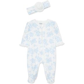 Little Me Baby Girls 100% Cotton 2-piece Zipper Closure Footie and Headband Set