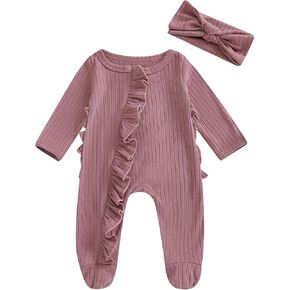 Newborn Infant Baby Girl Clothes Long Sleeve Romper Waffle Ruffle Zip Footie Jumpsuit Fall Winter Outfit With Bow