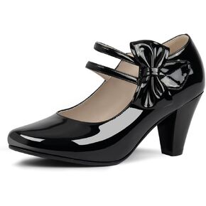 Women's Bowknot Patent Leather Sweet Closed Toe Chunky High Heel Mary Janes Pumps Almond Toe Hook Loop Ankle Strap Vintage Shoes