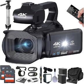 4K 64MP Video Camera Camcorder Vlogging Camera for YouTube 60FPS 18X Zoom Video Camera, WiFi, Webcam, External Mic, 2 64GB SD Cards, 50" Tripod, Case, Card Reader, Dual Charger, Remote Control