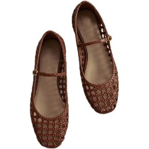 Woven Mesh Ballet Flats for Women Square Toe Mary Jane Flats Buckle Strap Flat Shoes Comfortable Ballerina Flats Dressy Mesh Shoes Casual Mary Janes for Women