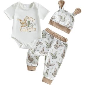 My First Easter Baby Boy Girl Outfit Newborn Bunny Print Romper Long Pants Hat Summer 3 Pcs Clothes Set