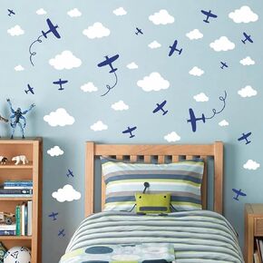 Airplane Wall Stickers Aircraft Plane Wall Decals Peel and Stick White Cloud Wall Decals Removable Vinyl Clouds Wall Stickers Vehicle Wall Decals for Boys Room Nursery Kids Bedroom Decor