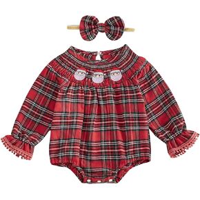 BemeyourBBs Baby Girl Christmas Outfit Ruffle Bubble Romper Long Sleeve Jumpsuit with Bow Headband Cute Newborn Girl Clothes