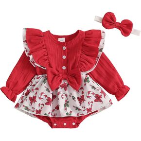 BemeyourBBs Baby Girl Christmas Outfit Ruffle Bubble Romper Long Sleeve Jumpsuit with Bow Headband Cute Newborn Girl Clothes