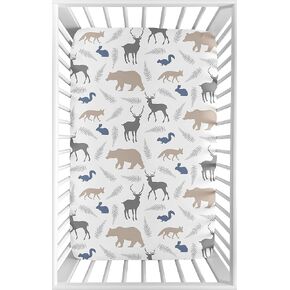 Sweet Jojo Designs Grey and Blue Baby Boy Fitted Mini Portable Crib Sheet for Woodland Animals Collection - for Mini Crib or Pack and Play ONLY