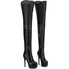 Over The Knee Boots for Women – Sexy Platform Stiletto Heels with Studded Design for Party and Club Wear Fashion Black Tight High Boots with Heel