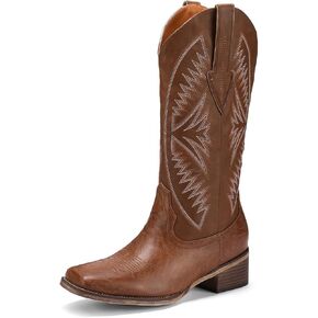 Brown Mid Calf Cowboy Boots With Embroidery Square Toe and Chunky Block Heel Womens Wide Calf Boots Fashionable Western Cowgirl Boot For Women Dressy Comfortable Pull On Heeled Shoes