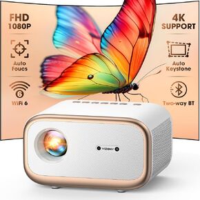 [Auto Focus/Keystone] جهاز عرض صغير مع WiFi و Bluetooth ثنائية الاتجاه ، Vizony Native 1080p Projector 4K دعم W/50 ٪ Zoom/4P4D ، جهاز عرض فيلم منزلي محمول بالكامل ، 450Ansi (Gold White)