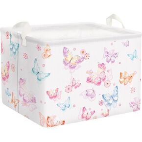 Clastyle Large Purple Pink Butterfly Shelf Basket Waterproof Clothes Storage Bin with Handles Rectangle Flower Baby Girl Toy Gift Organizer Collapsible Storage Bin for Kid Room Nursery