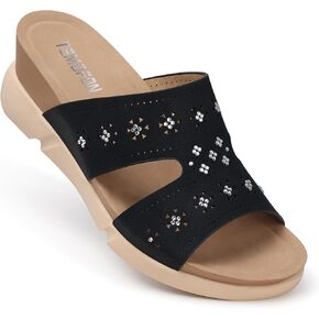 TEMOFON Wedge Sandals for Women Dressy: Summer Hollow Out Flowers with Rhinestone - Womens Comfortable Low Wedges Walking Platform Sandal