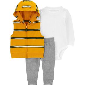 Carter's Baby Boys' 3 Piece Plaid Patch Little Vest Set (Yellow/White/Grey Hooded, 18 Months)