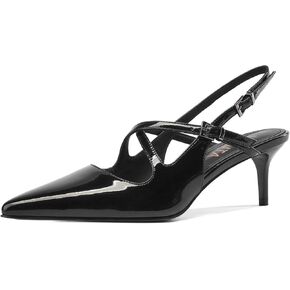 Patent Leather Slingback Kitten Heels for Women, Closed Pointed Toe Stiletto High Heeled Pumps Cross Strappy Sandals with with Metal Buckle Sexy Fashion Dressy Wedding Party Shoes