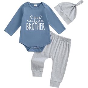 Little Brother Newborn Outfit Long Sleeve Romper Infant Baby Pant Set Matching Outfits for Boys with Beanie Hat