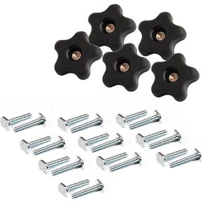 POWERTEC 72073 1/4"-20 Knobs & T Bolts Set | 5pcs 5-Star Clamping Knobs with 20pcs 1-1/2 Inch Long T Slot Bolts for T Track Accessories, Feather Boards, Woodworking Jigs and Fixtures