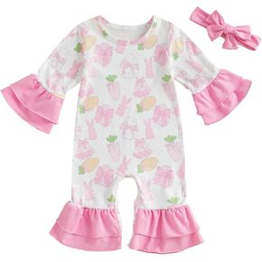 My First Easter Baby Girl Outfit Bunny Egg Ruffle Romper Long Sleeve Flare Jumpsuit with Headband Newborn Clothes