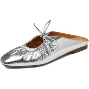 Women's Leather Lace Up Slingback Flat Mules,Closed Toe Square Toe Ballet Flats, Casual Comfortable Dressy Dating Work Shoes for Women, Gold