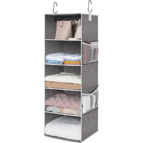 StorageWorks 5-Shelf Jumbo Hanging Storage Closet, Hanging Organizer for Closet Rod, Hanging Cloth Organizer Storage, Canvas, Gray, 13" D x 15" W x 47 ¾" H