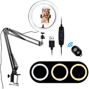 10 Inch Mini LED Light with Foldable Overhead Metal Bracket, 3 Lighting Modes and 10 Brightness Levels, 5V USB Power Supply, for Live Video Recording, Selfie, Makeup.