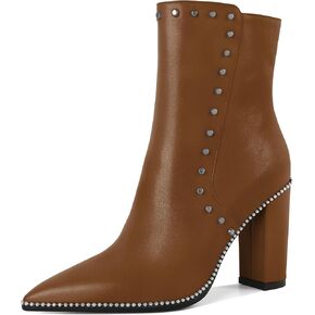 YODEKS Womens Ankle Booties 3.7 Inch Heel Chunky Boots Rivet Beaded Studded Pointed Toe Side Zipper Boots Size 5-13