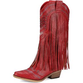 Women Western Cowboy Boots with Fringe Studded Studded Wide Calf Cowgirl Boots with Pointed Toe Country Tassel Long Boots Brown Knee High Boots Pull On Wedding Boots With Zipper