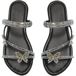 Oyoangle Women's Women's Sequin Sparkly Flaw Flatals Fancy Butterfly Open Toe Slide Slide in Kuwait