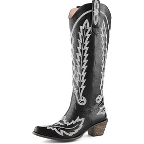 Cozivwaiy Women Knee High Cowboy Boots Embroidered Western Cowgirl Boot Chunky Heel Country Shoes Pointed Toe Pull On Zipper