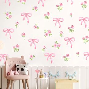 12 Sheets Pink Bow Wall Decals Aesthetic Bowknot Floral Wall Stickers Spring Mural Wall Decor for Home Nursery Bedroom Living Room