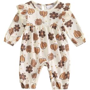 Infant Baby Girl Long Sleeve Halloween Bubble Romper Pumpkin Print Ruffled Jumpsuit Fall Winter Outfit Clothes
