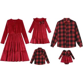 AWIBMK Family Matching Outfits Christmas Velvet Plaid Ruffle Mommy and Me Dress Fall Winter Xmas Matching Set for Photoshoot