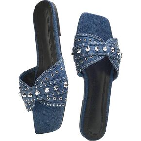 KCTRFSJ Women's Denim Cloth Studded Flat Slide Slippers Fashion Square Toe Non-Slip Open Toe Slip-On Beach Mule Sandals,Summer Comfort Backless Casual Wedding Walking Slide