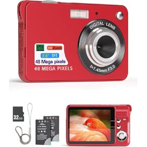 Andoer Digital Camera Compact: 4K 48MP,Auto Focus,16X Zoom,Anti-Shake, Face Detect,Smile Capture,Built-in Flash, with 2 Batteries and 32GB Card for Kids,Beginners- Silver
