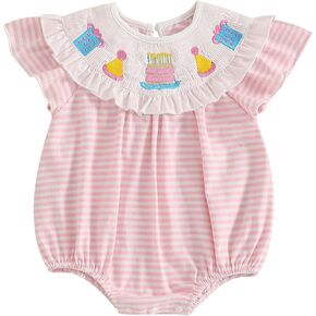 SAYOO Baby Girl First Birthday Romper Birthday Letter Embroidered Plaid Smocked Romper Frill Trim Ruffle Bodysuit Jumpsuit