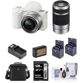 Sony ZV-E10 Mirrorless Vlog Camera with 16-50mm Lens, Black - Bundle with E 55-210mm f/4.5-6.3 OSS Lens, 128GB SD Card, Shoulder Bag, Extra Battery, Charger, 49mm & 40.5mm Filter Kit, Cleaning Kit